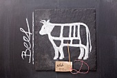 A sketch of a cow and an English label on a chalkboard