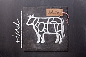 A sketch of a cow and a written label on a chalkboard