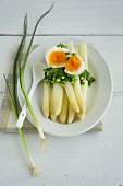 White asparagus with boiled egg and spring onions