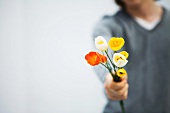 Man holding tulips out toward camera, cropped view, focus on foreground
