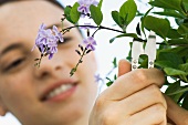 Young woman cutting off sprig of flowers