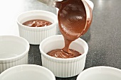 Pouring Chocolate Custard into Ramekins to Chill for Pots de Creme