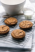 Fresh Homemade Molasses Cookies on a Cooling Rack; Glass of Milk