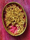 Rhubarb crumble in a baking dish