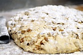 Raisin bread dough dusted with flour
