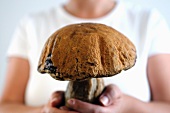 A young woman holding a large porcini mushroom