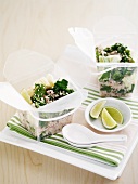 Type chicken salad in takeaway boxes