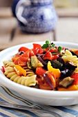 Fusili pasta with roasted Mediterranean vegetables, courgettes, aubergine and sweet peppers