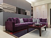 Purple sectional sofa in modern living room