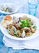 Steamed Clams with Garlic and Parsley; Piece of Crusty Bread