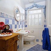 White bathroom with touches of blue