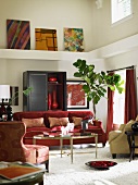 Eclectic living room with red furniture