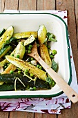 Grilled courgette with peas, mint and lemon butter