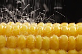 A corn cob being sprinkled with salt