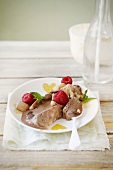 Chocolate, espresso and hazelnut semifreddo with raspberries and shortbread