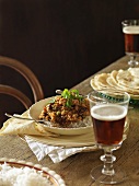 Pork and chilli with rice and beer