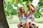 Smiling girls sitting in tree swing