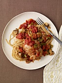 Spaghetti with Chicken, Olives and Tomato; On a Plate; From Above