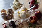 Four Bowls of Ice Cream: Black Raspberry, Pistachio, Chocolate-Peanut Butter and Peach