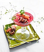Beetroot gazpacho with anchovies and smoked salmon