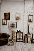 Concertina paper Christmas trees in picture frames on wall in rustic interior
