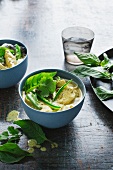 Bowls of chicken laksa and herbs