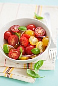 Colourful cherry tomato salad with onions and basil