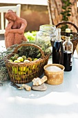 Mediterranean arrangement of figs, herbs and balsamic vinegar
