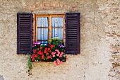Rustikale Fassade mit blumenbewachsenem Fenster