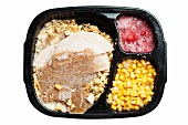 Frozen Turkey Dinner in Plastic Tray; White Background