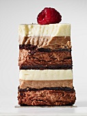 A slice of layered chocolate cake topped with a raspberry
