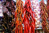 Dried Chili Peppers and Braid of Garlic at the La Boqueria Market in Barcelona, Spain