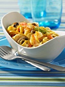 Seafood linguine topped with cheese