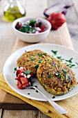 Pan-fried chickpea cakes spiced with cumin and coriander with fresh tomato salsa