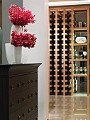 Hallway and wooden wine rack in modern home