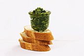 Pesto and sliced baguette
