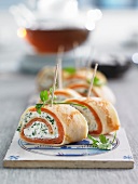 Pancake rolls with smoked salmon and herb cream cheese