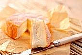 Chaumes cheese on paper with a cheese knife