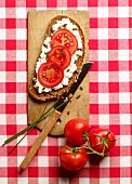 A slice of bread topped with cream cheese, tomatoes and chives