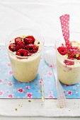 Vanilla pudding with raspberries and pistachios