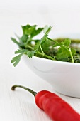 Coriander chutney with a red chilli pepper