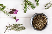 Herbs de Provence in a bowl surrounded by fresh herbs