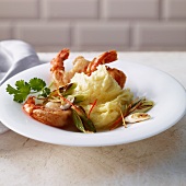 Coconut and potato puree with spring onions and chilli prawns