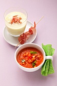 Cold melon soup with Parma ham and tomato soup with papaya