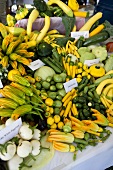 Courgettes and squashes on a market stall