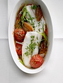 Kabeljau auf Tomatenragout mit Schalotten und Estragon