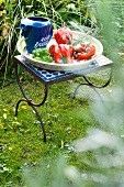 Schüssel mit frischen Paprikaschoten auf Gartentisch
