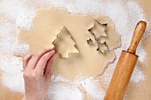 Hand Placing Christmas Tree Cookie Cutter on Rolled Out Cookie Dough; Star Cookie Cutters