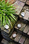 Simple brick staircase decorated with rustic lanterns and ornamental grass