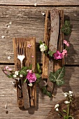 Old cutlery with ivy wreaths on tree bark